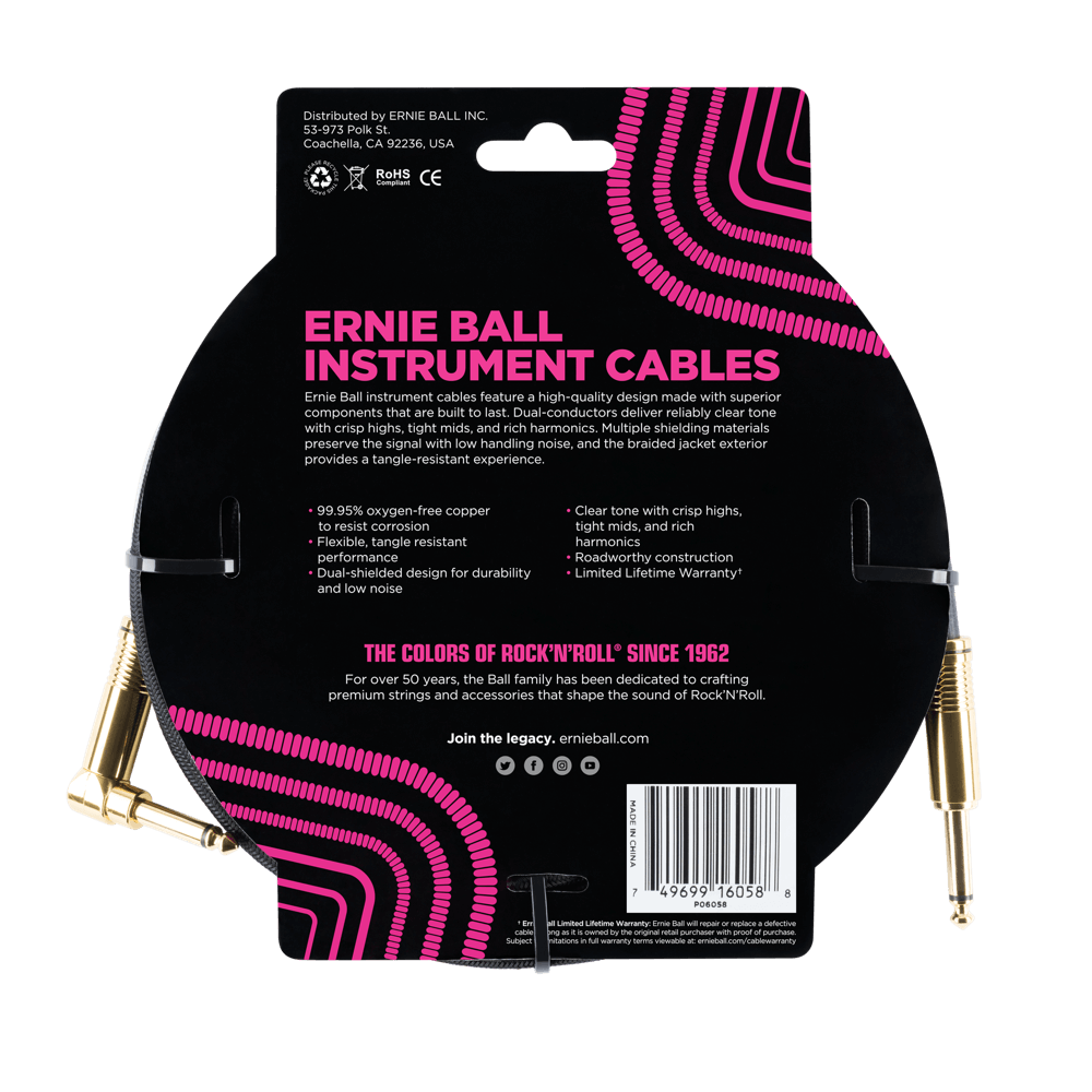 Ernie Ball 25ft Braided Straight Angle Inst Cable Black