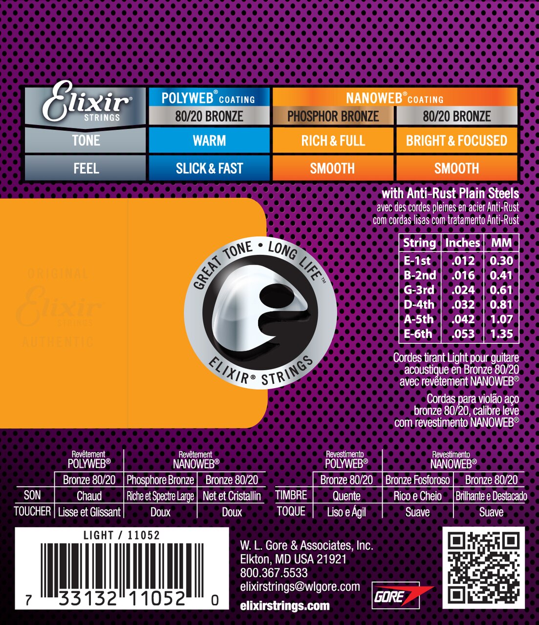 Elixir Strings 11052 Nanoweb 80/20 Acoustic Guitar Strings - .012-.053 Light