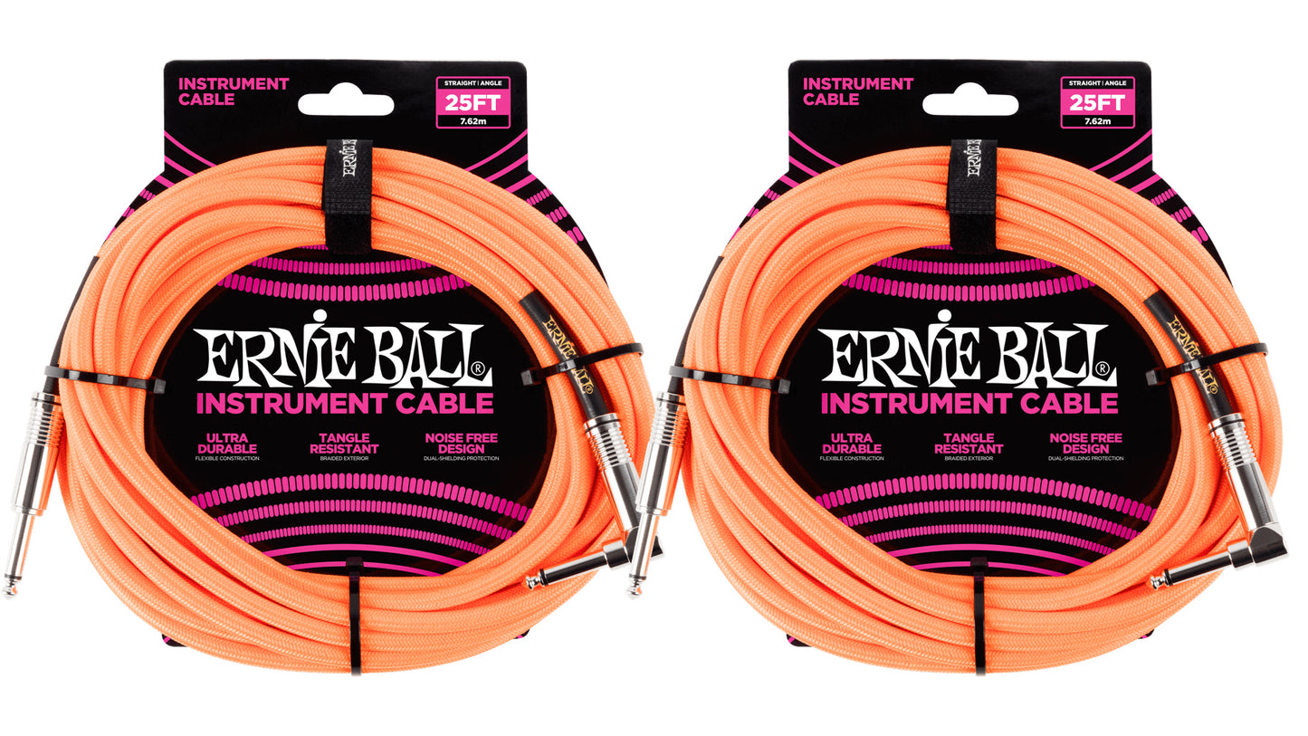 Ernie Ball 25ft Braided Straight Angle Inst Cable Neon Orange