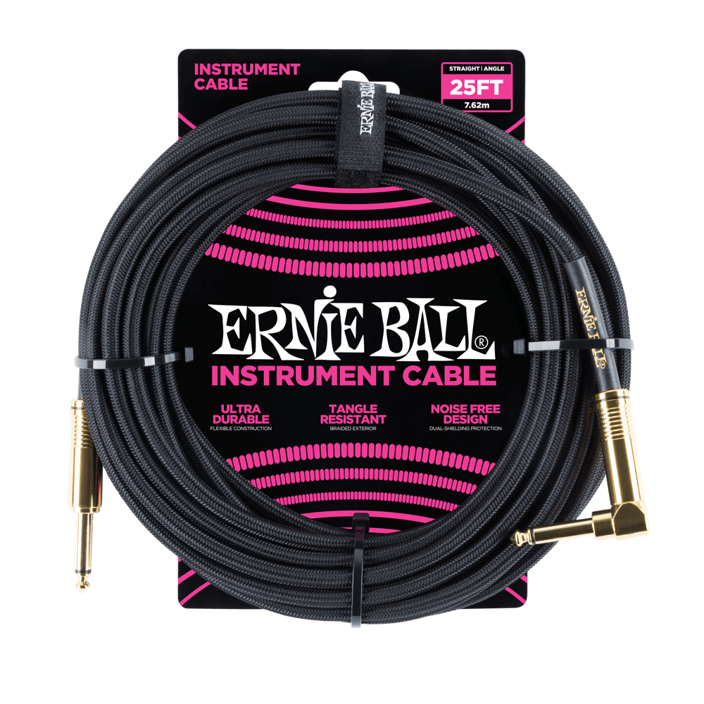 Ernie Ball 25ft Braided Straight Angle Inst Cable Black