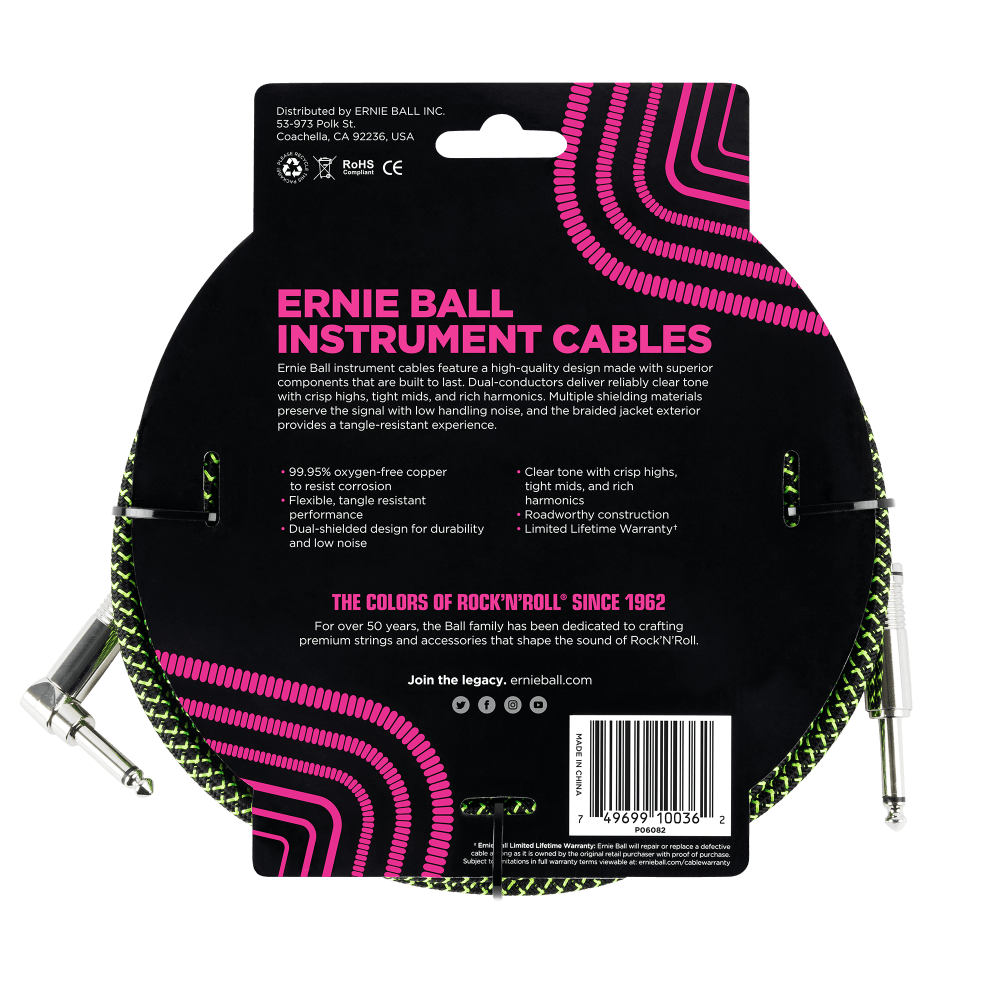Ernie Ball 18ft Braided Straight Angle Inst Cable Blk/Grn 2 Pack