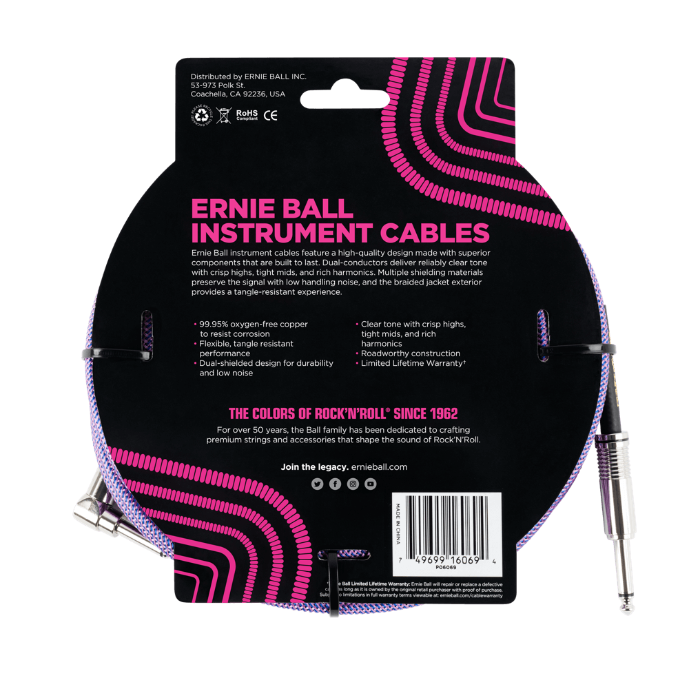 Ernie Ball 25ft Braided Straight Angle Inst Cable Purple