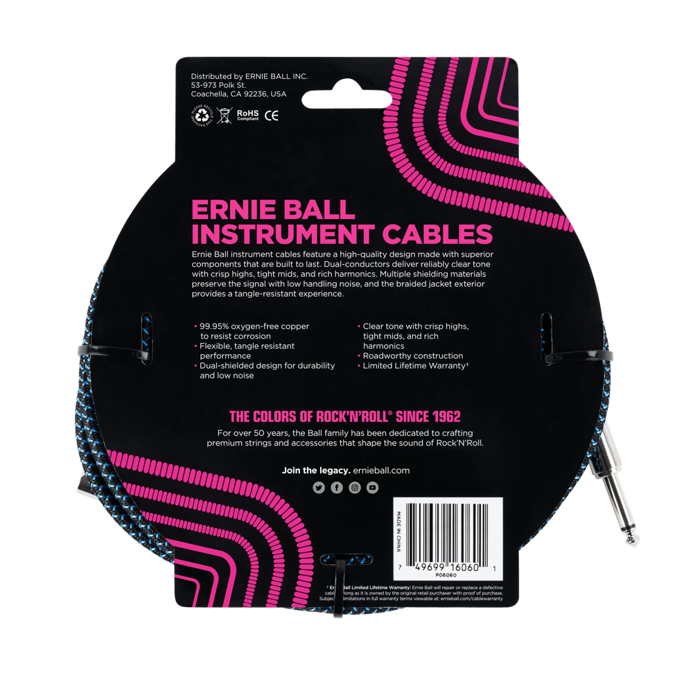 Ernie Ball 25ft Braided Straight Angle Inst Cable Black Blue 2 Pack
