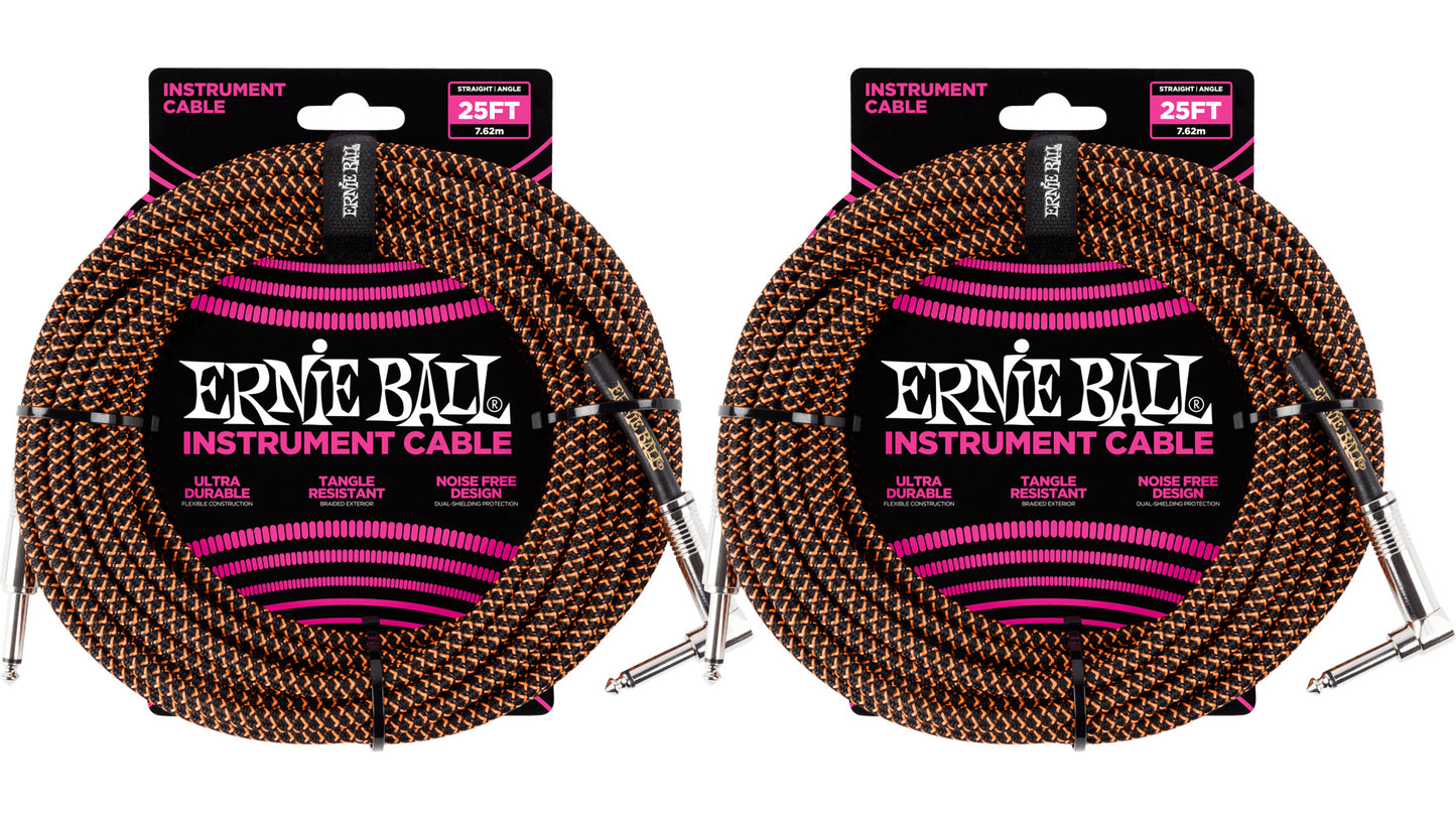 Ernie Ball 25ft Braided Straight Angle Inst Cable Black Orange