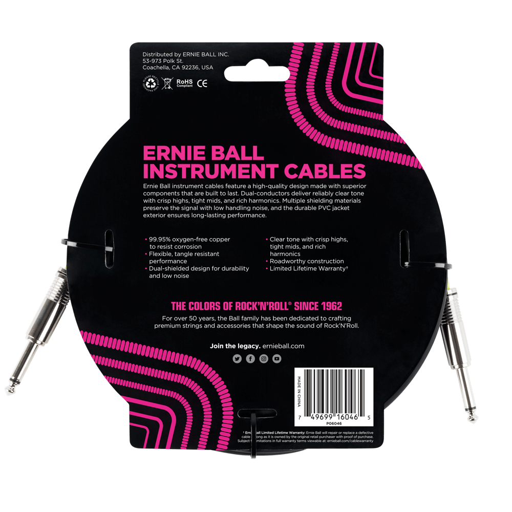 Ernie Ball 20ft Straight Straight Inst Cable Black