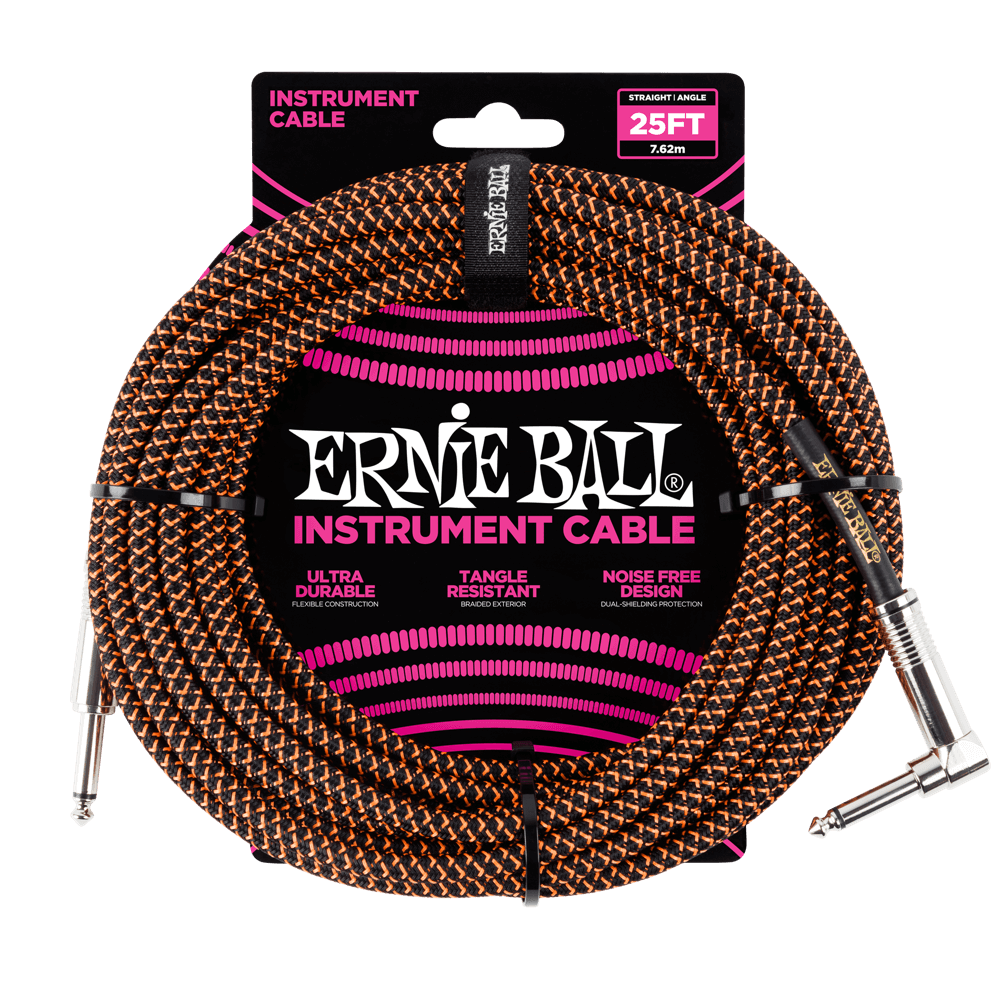Ernie Ball 25ft Braided Straight Angle Inst Cable Black Orange 2 Pack