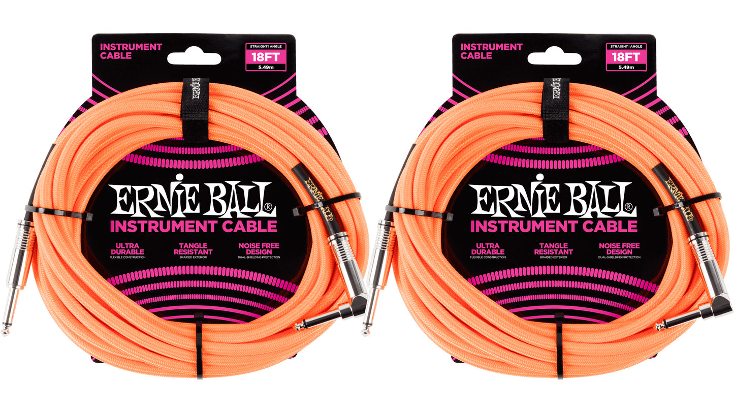 Ernie Ball 18ft Braided Straight Angle Inst Cable Neon Orange