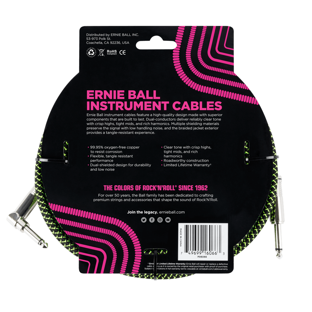 Ernie Ball 25ft Braided Straight Angle Inst Cable Blk/Grn 2 Pack