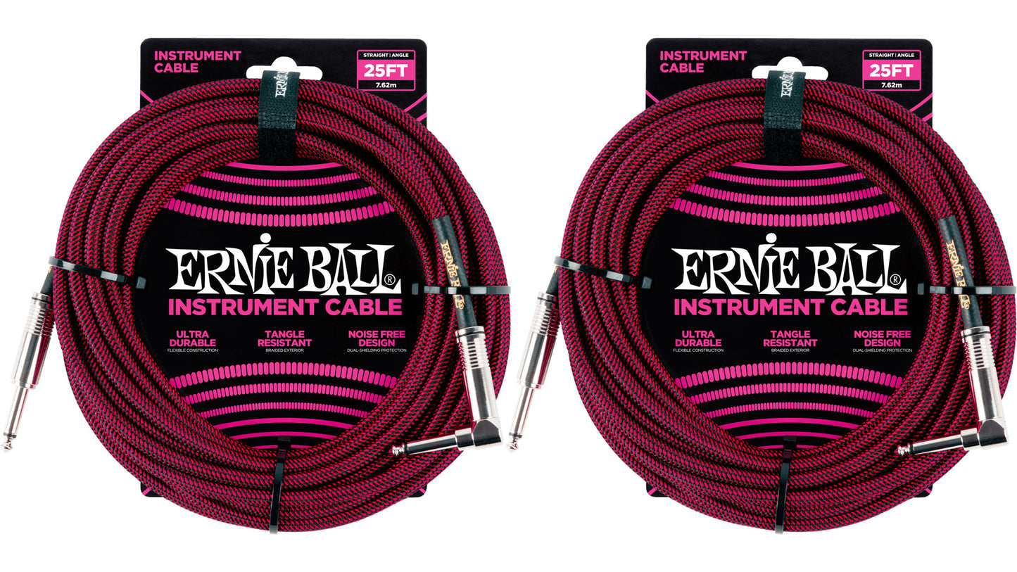 Ernie Ball 25ft Braided Straight Angle Inst Cable Black Red
