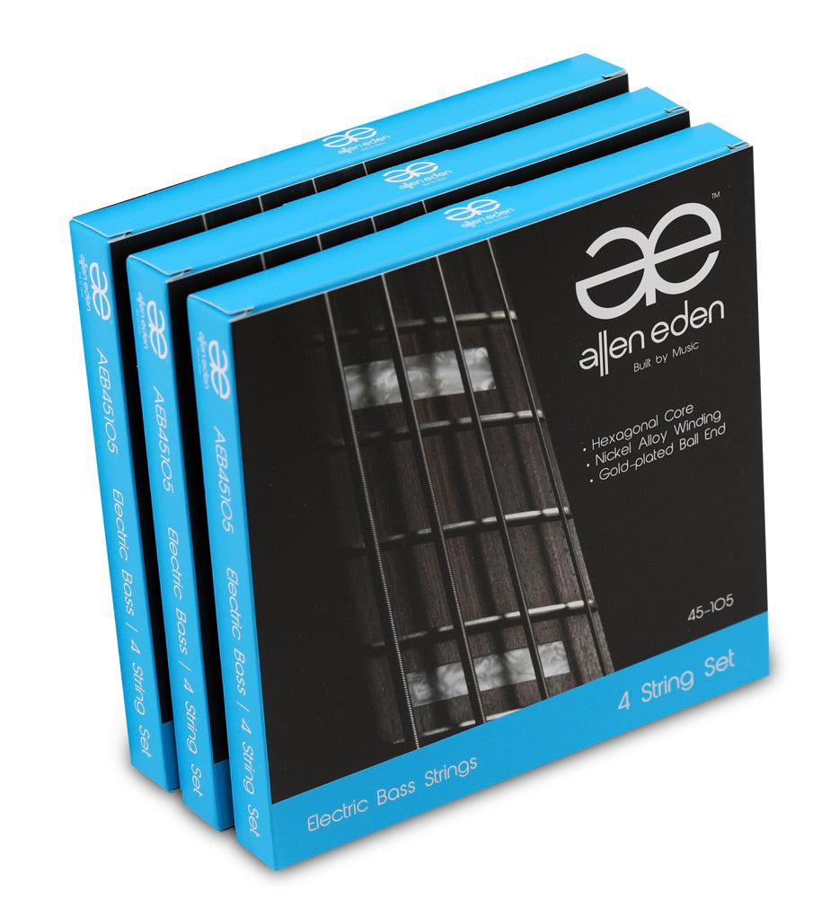 Allen Eden Electric Bass Strings – Nickel-Plated Steel, Hex Core, .045–.105 Gauge 3 Pack