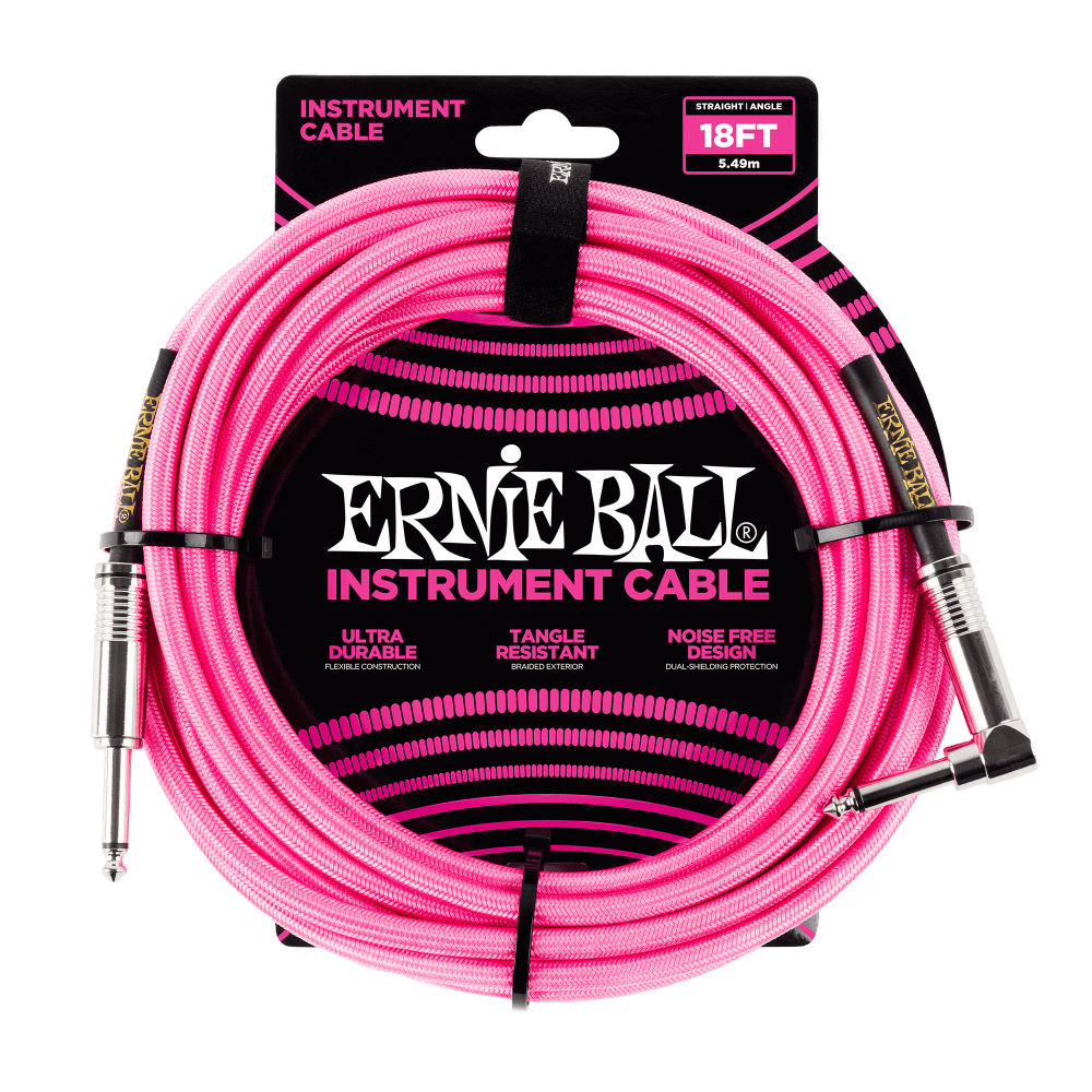 Ernie Ball 18ft Braided Straight Angle Inst Cable Neon Pink 2 Pack