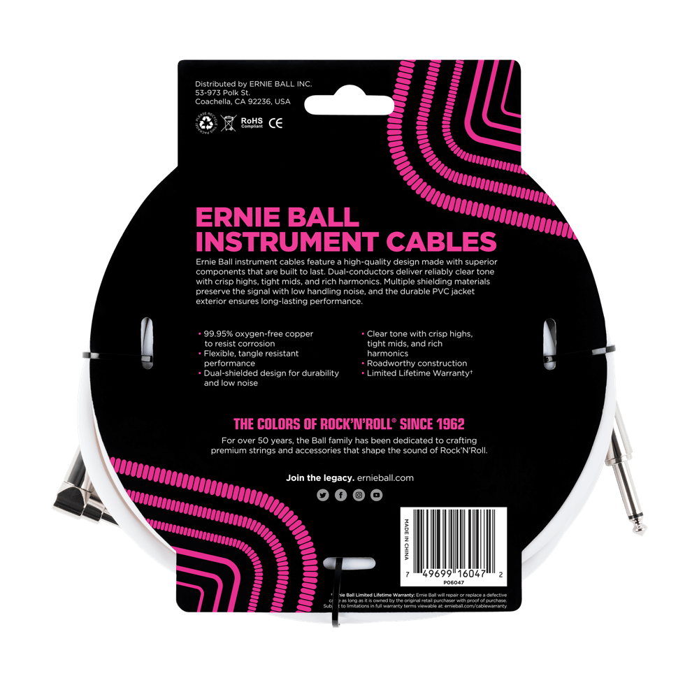 Ernie Ball 20ft Straight Angle Inst Cable White