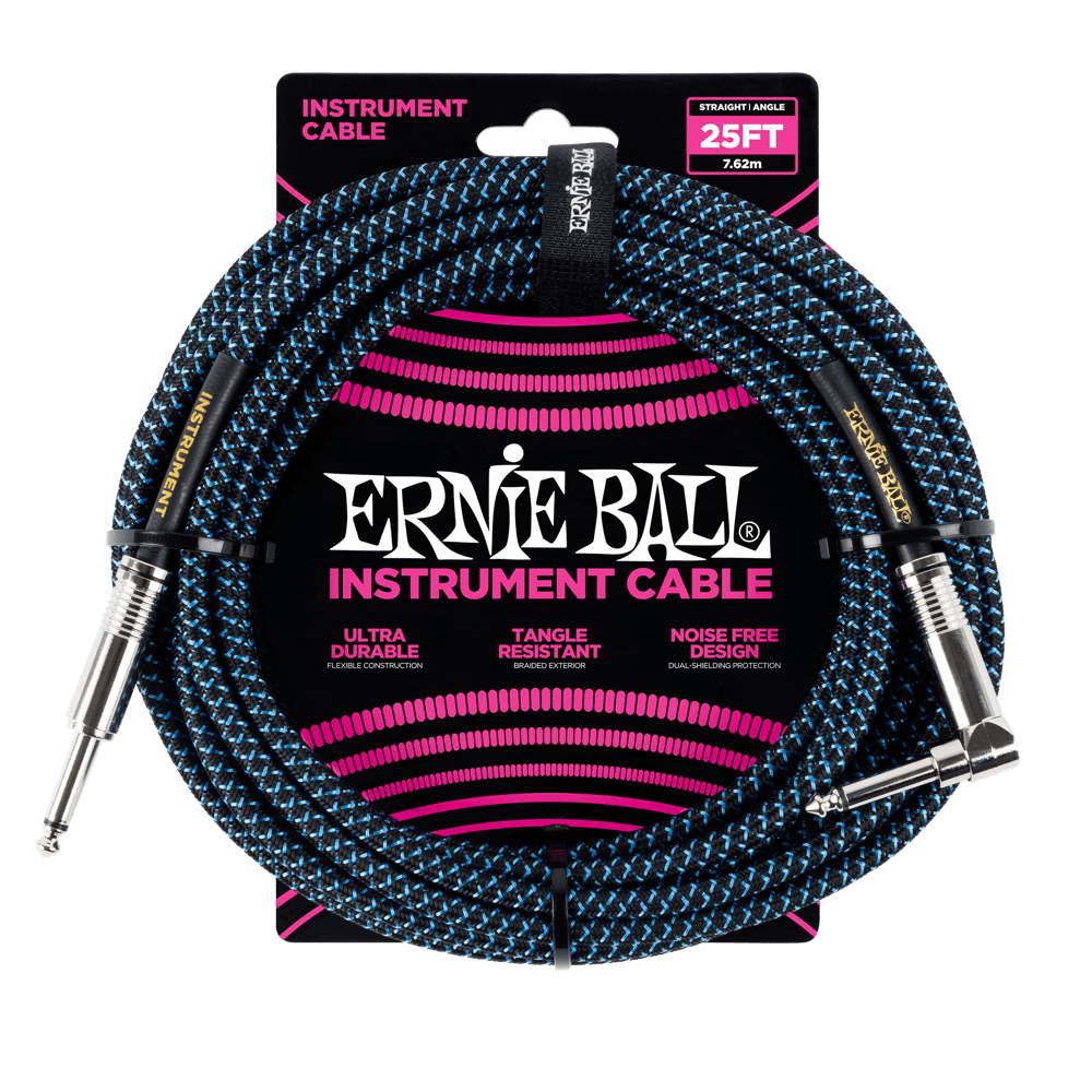 Ernie Ball 25ft Braided Straight Angle Inst Cable Black Blue