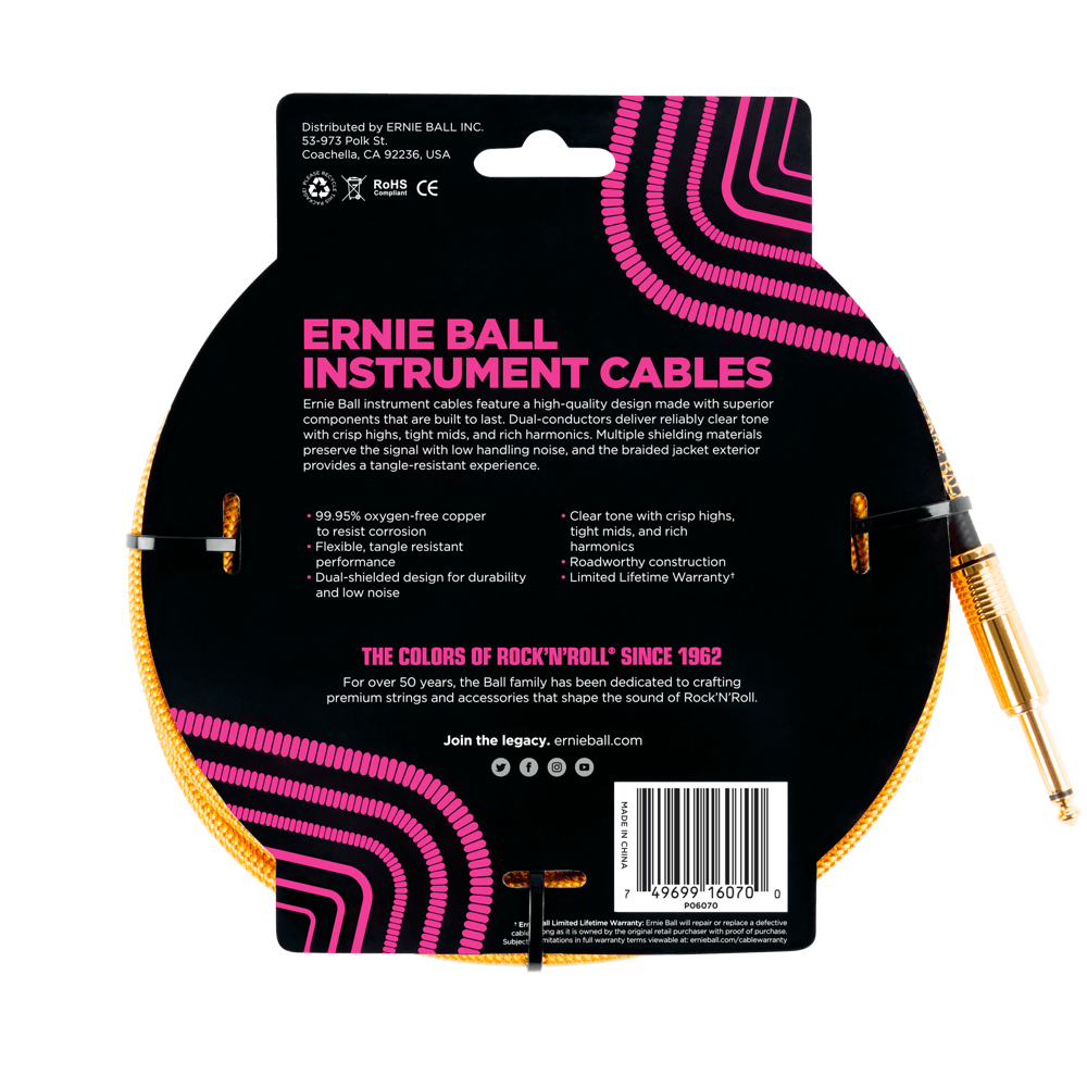 Ernie Ball 25ft Braided Straight Angle Inst Cable Gold Gold