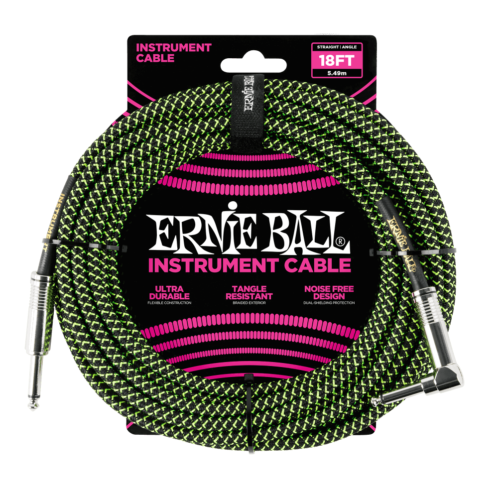 Ernie Ball 18ft Braided Straight Angle Inst Cable Blk/Grn 2 Pack