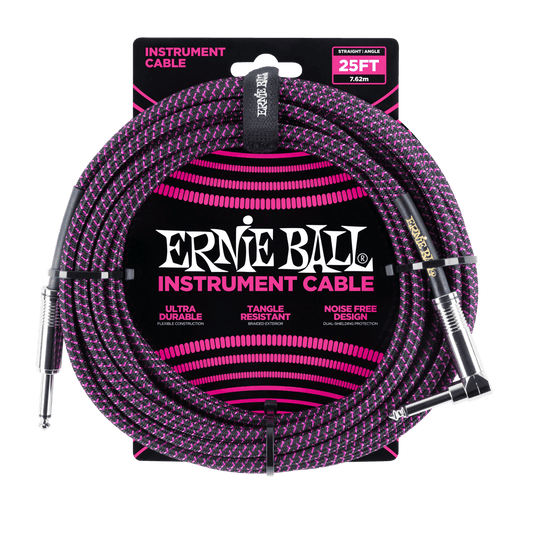 Ernie Ball 25ft Braided Straight Angle Inst Cable Black Purple
