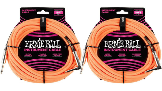 Ernie Ball 18ft Braided Straight Angle Inst Cable Neon Orange 2 Pack