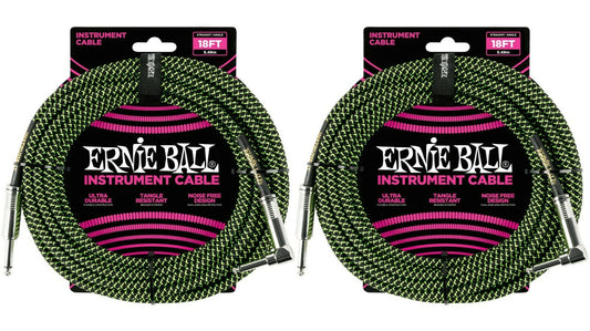 Ernie Ball 18ft Braided Straight Angle Inst Cable Blk/Grn 2 Pack