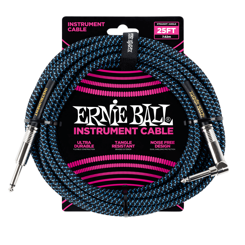 Ernie Ball 25ft Braided Straight Angle Inst Cable Black Blue 2 Pack
