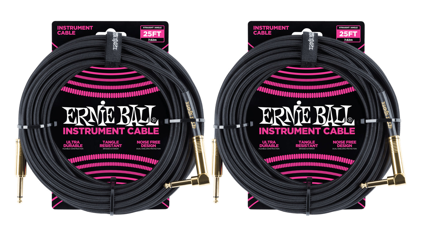 Ernie Ball 25ft Braided Straight Angle Inst Cable Black
