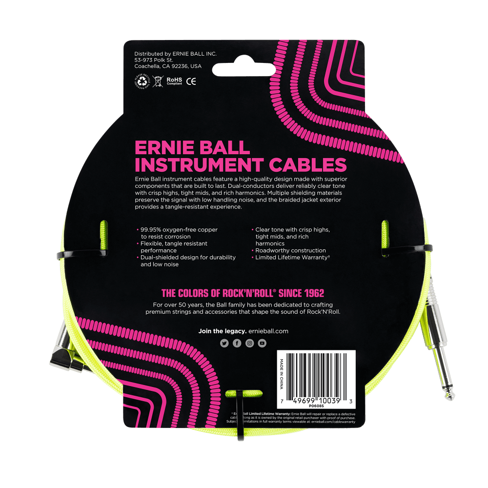 Ernie Ball 18ft Braided Straight Angle Inst Cable Neon Yellow